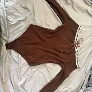 Sweet Rain Brown Lace Trim Bodysuit